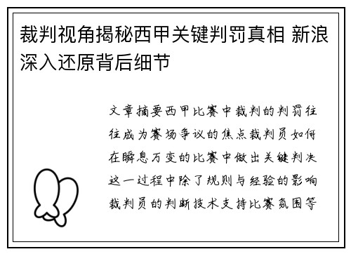 裁判视角揭秘西甲关键判罚真相 新浪深入还原背后细节
