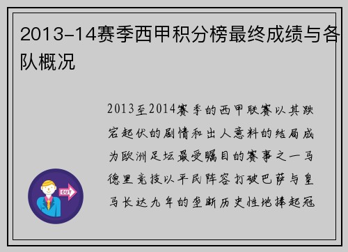 2013-14赛季西甲积分榜最终成绩与各队概况