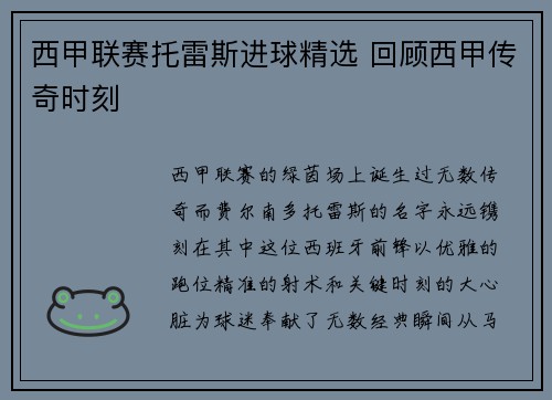 西甲联赛托雷斯进球精选 回顾西甲传奇时刻
